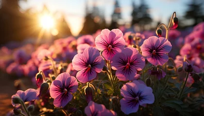 Fototapeten Pansy flower growing in the sunset. Pansy flower in sunrise. Pansy flower during winter. Colourful poppy flower sprouting during winter time. Pink pansy flower. viola flower. nature © Divid