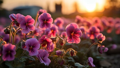 Pansy flower growing in the sunset. Pansy flower in sunrise. Pansy flower during winter. Colourful poppy flower sprouting during winter time. Pink pansy flower. viola flower. nature - obrazy, fototapety, plakaty