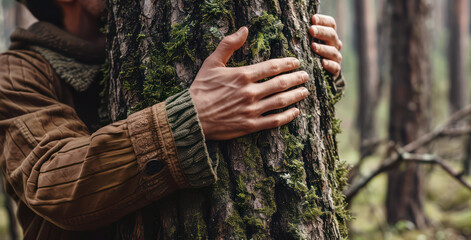 Embrace of Nature. A person in a brown jacket hugging a moss-covered tree trunk in the forest, symbolizing a connection with nature