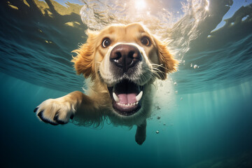 Underwater photo of puppy in outdoor swimming pool play with fun - jumping and diving deep down. Activities and games with family pets and popular dog on summer holiday. - obrazy, fototapety, plakaty