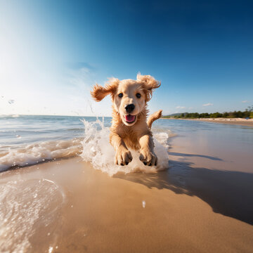 Dog running in the water with a lot of splashing Happy dog running at the sea