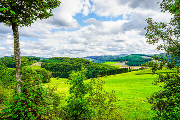 Landscape near Finnentrop. Nature with fields and forests in the Sauerland.

