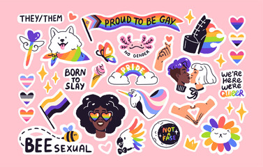 LGBTQ stickers pack. Pride month set. Rainbow, hearts, cute unicorn, cat icons. LGBT progressive flag, lesbian kiss, love. Gay slogans, phrases, symbols. Flat hand drawn isolated vector illustrations