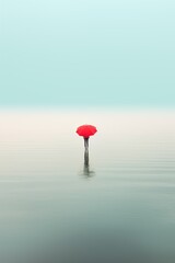 Person with red umbrella standing in the sea