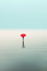 Fotobehang Person with red umbrella standing in the sea © Robin