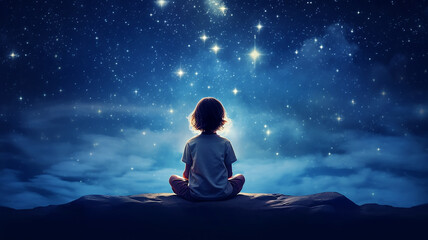 Fototapeta na wymiar baby girl view from the back, sitting against the background of the night starry sky, dream, fantasy imagination bedtime story for daughter