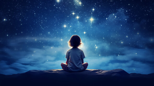 baby girl view from the back, sitting against the background of the night starry sky, dream, fantasy imagination bedtime story for daughter