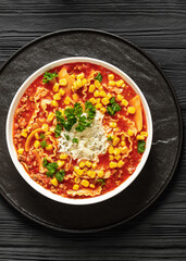 lasagna soup with ground beef, corn, tomato paste