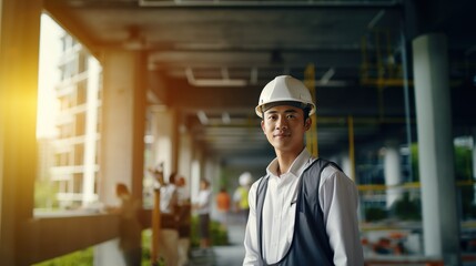 Portrait of Asian engineer or architect on construction site with building background