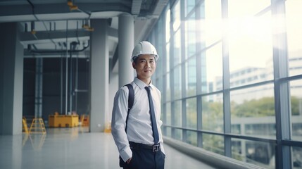 Fototapeta premium Portrait of Asian engineer or architect on construction site with building background