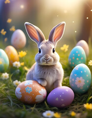 Adorable bunny with Easter eggs on a flowering meadow. Easter egg concept greeting card,