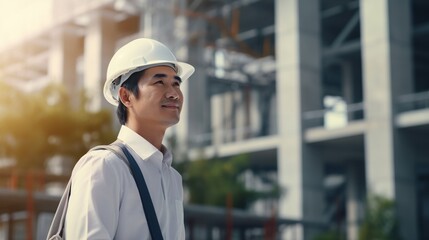 Portrait of Asian engineer or architect on construction site with building background