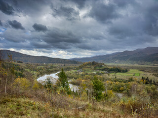 The landscape of Carpathian Mountains in the cloudy weather. Perfect weather condition in the spring season