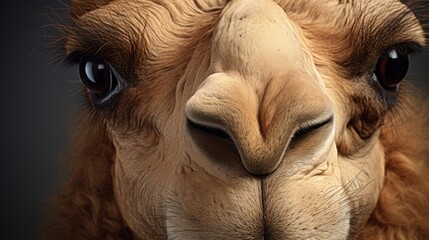  a close up of a camel's face with it's nose slightly touching the camera with its mouth.