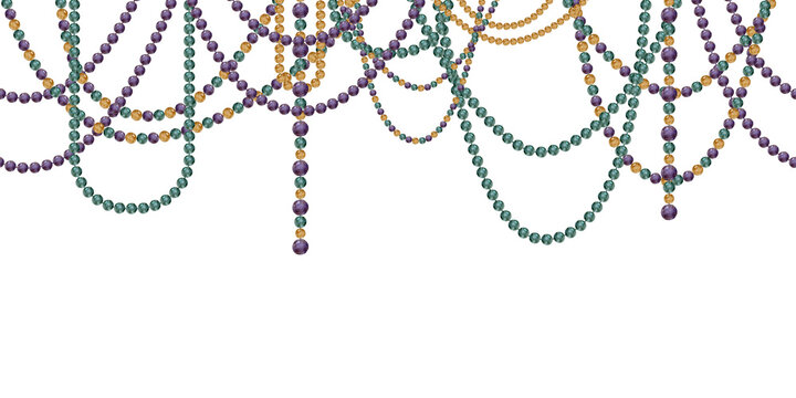 Hand drawn watercolor Mardi Gras carnival symbols. Garland festoon glass bead jewel pearl strings, gold purple green. Seamless banner isolated on white background. Design party invitation, print, shop
