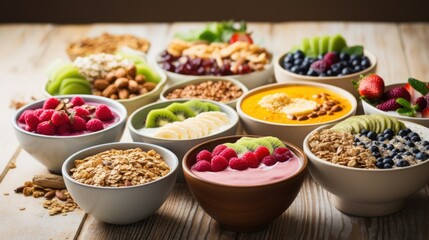  a table topped with bowls filled with different types of fruits and granola next to a bowl of granola on top of a wooden table.