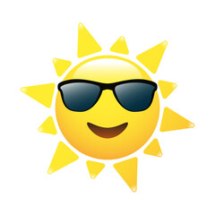 Smiling sun in sunglasses, hot summer weather, vacation time, weather icon.