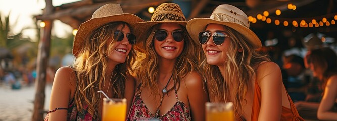 A joyful, humorous outdoor photograph of a group of hipster females having a great time at a beach cafe while sipping delicious cocktails and laughing .