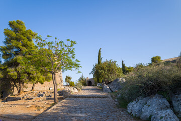 The stone interior of Palamidi fortress , Europe, Greece, Peloponnese, Argolis, Nafplion, Myrto seashore, in summer on a sunny day.