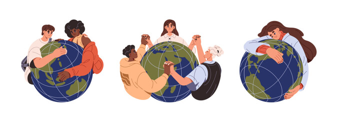 People love earth set. Kids hold on hands, hug green globe. Girls, boys save, protect planet together. Young characters care about ecology, environment. Flat isolated vector illustration on white © Paper Trident