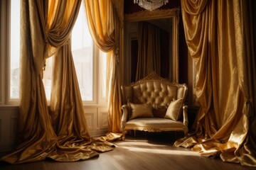 The image shows a luxurious living room with a plush velvet couch positioned under a canopy of gold curtains. 