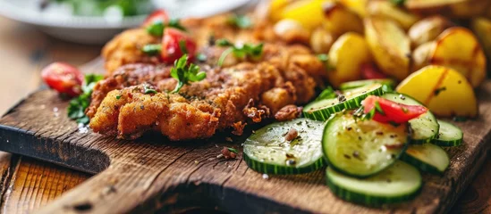 Poster Closeup of classic deep fried schnitzel and potato-cucumber salad on rustic wooden board. © AkuAku