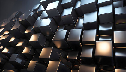 Obraz premium Abstract dark background with black geometric shapes, golden reflections on black cubic shapes,