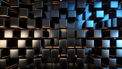 Fototapeta premium Abstract dark background with black geometric shapes, golden reflections on black cubic shapes,