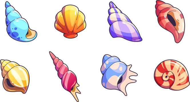 Sea shell and vessels game assets set. Cartoon vector illustration collection of cute marine underwater seashell for rpg gui design. Colorful nautical or aquarium horned, spiral and scallop conch.