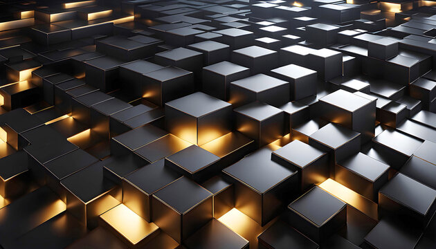 Abstract dark background with black geometric shapes, golden reflections on black cubic shapes,