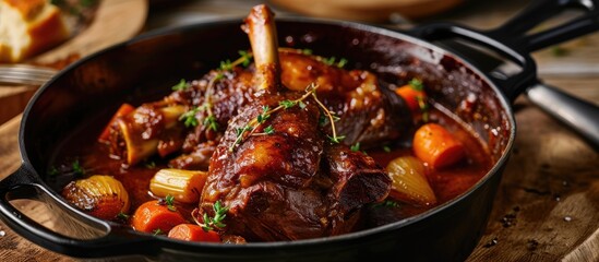 Contemporary slow-cooked lamb shank in red wine sauce with shallots and carrots, served in a stylish stewpot.