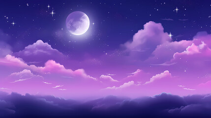 Naklejka na ściany i meble Purple gradient mystical moonlight sky with clouds and stars background wallpaper
