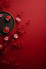 Vertical red background with flowers for Chinese New Year Greeting card 