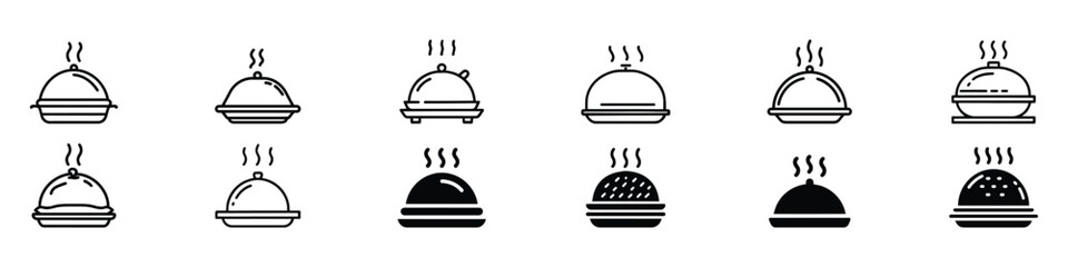 Food delivery icon. Hot food tray closed icon. Food menu icon, Covered hot plate. Restaurant, serving icon. Serving food icon.