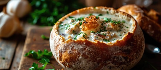 Clam Chowder in Bread Bowl with Parsley