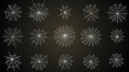 collection of isolated cobwebs on a black background, flat minimalism graphics, set of web illustrations