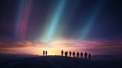 Fototapeta premium northern lights in the night sky, aurora borealis, a group of people watching the night landscape with a multicolored glow in the sky