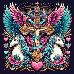 A colorful art of a cross with unicorns and a cross with wings designs prints
