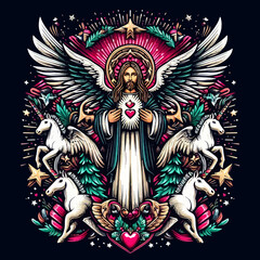 A colorful art of a jesus holding a heart with unicorns and stars designs prints