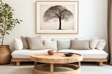 Round wooden coffee table near white sofa against wall. Scandinavian home interior design of modern living room.

