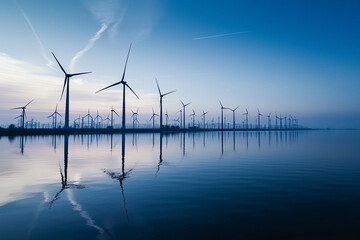minimalistic photo capturing clean energy sources reflected in water, emphasizing the beauty of eco-friendly power generation - obrazy, fototapety, plakaty