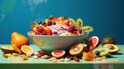  a bowl of fruit sits on a table surrounded by cut up pieces of fruit, including kiwis, oranges, and melons.