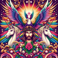 A colorful artwork of a jesus with a crown of thorns and unicorns designs prints - obrazy, fototapety, plakaty
