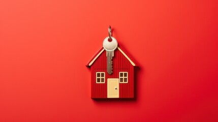  a red house shaped keychain with a key hanging from it's side on a bright red background. - obrazy, fototapety, plakaty