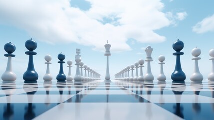 Fototapeta premium a large group of chess pieces sitting on top of a blue and white checkerboard floor in front of a cloudy blue sky.