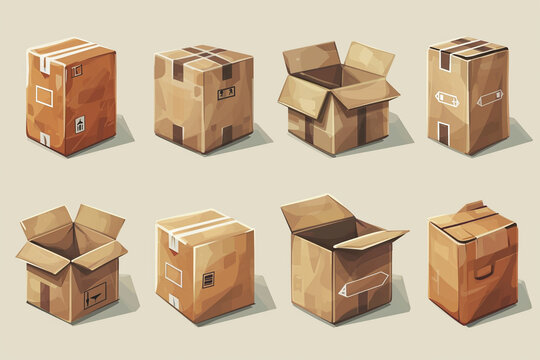Set of vector style icons of closed and open shipping carton cardboard boxes