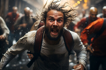 A man running away from something outdoors in a park.