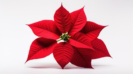  a red poinsettia on a white background with a green stem in the center of the poinsettia.