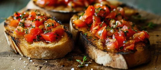 Foto op Plexiglas Delicious Pan con tomate - grilled bread topped with tomato, salt, and olive oil. Traditional Catalan wine tapas. © AkuAku