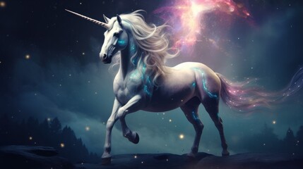  a white unicorn standing on top of a hill under a sky filled with stars and a star filled sky behind it. - obrazy, fototapety, plakaty